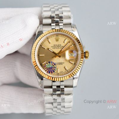 Swiss Grade Copy Rolex Oyster Perpetual Datejust 36mm 2836 Watch Stainless Steel Gold Bezel